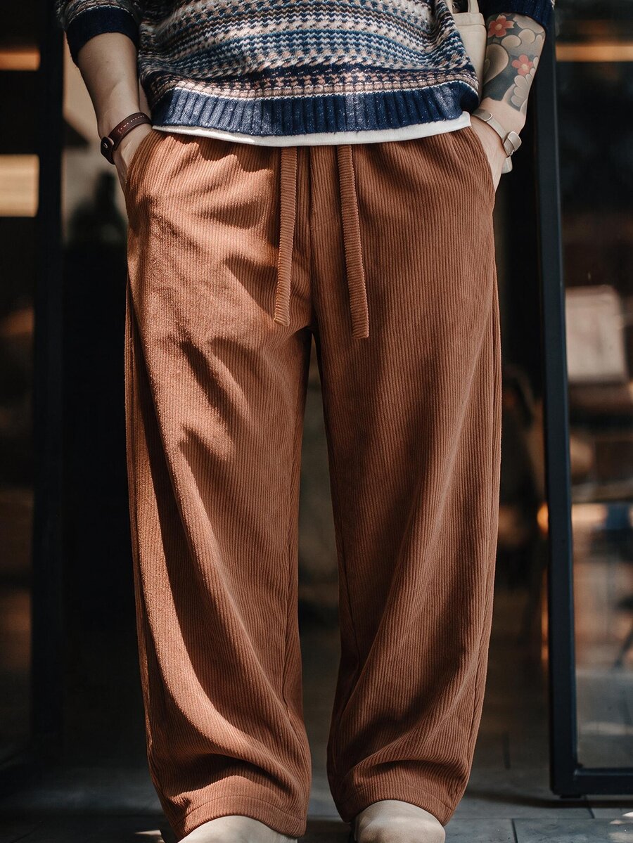 STEELVANCE Men's Solid Color Drawstring Waist Wide Leg Loose Casual Pants - Coffee Brown - View 1