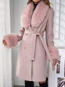 SHEIN Clasi 女款雙排扣繫帶毛絨飾邊優雅長版大衣，秋冬款 - 粉色 - 查看 7