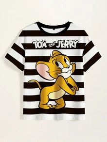 TOM & JERRY X SHEIN Women's Letter Striped Print Round Neck Short Sleeve Casual T-Shirt - White - View 3