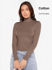 SHEIN BASICS 女款高領長袖羅紋針織修身T恤上衣 黑色 - 駝色 - 查看 6
