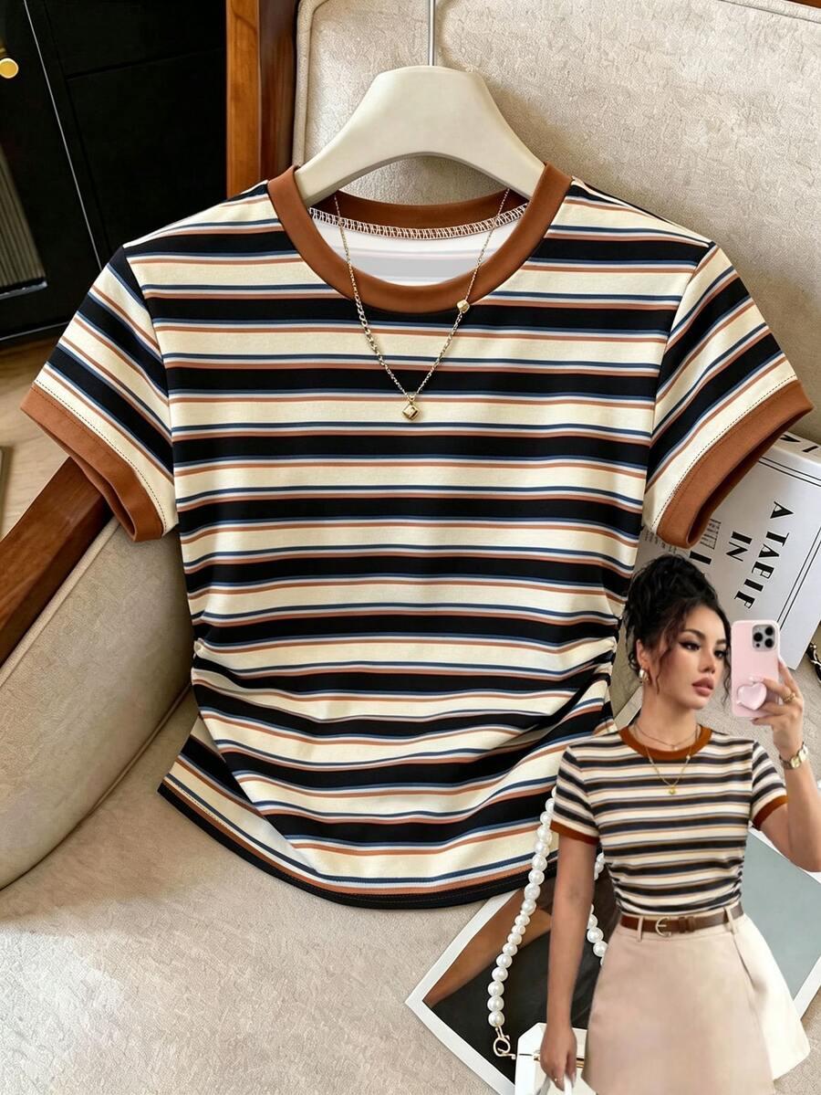 Rafferiza Women's Plus Size Short Sleeve T-Shirt, Graphic Design, Multi-Color Striped Print, Fashionable Versa - Multicolor - View 1