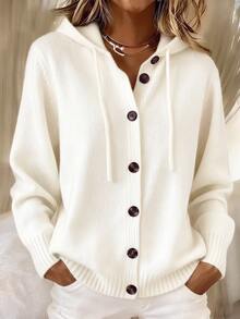 Balvessa Women's Hooded Drawstring Single-Breasted Long Sleeve Sweater - White - View 3