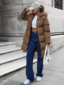 SHEIN Petite Size Solid Brown Color Zip Up Long Padded Coat With Hoodie Winter Coat To Keeping Warm - Brown - View 9