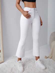 Selenza Plus Size Women's Casual Versatile Denim Cropped Flare Leg Pants With Pockets - White - View 1