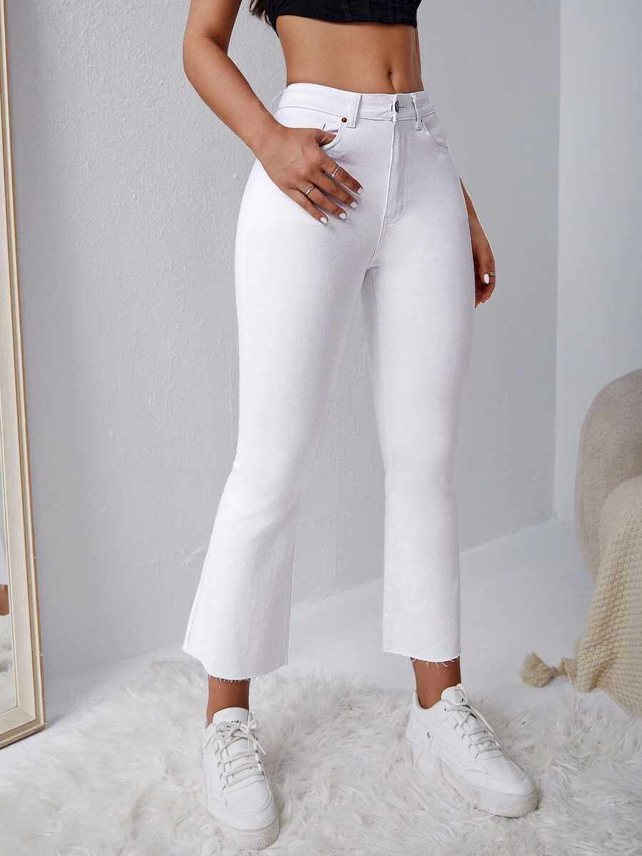 Selenza Plus Size Women's Casual Versatile Denim Cropped Flare Leg Pants With Pockets - White - View 1