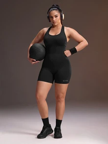 Powerista Plus Size Women's Black Backless Halter Neck Sexy Sports Jumpsuit - Black - View 3