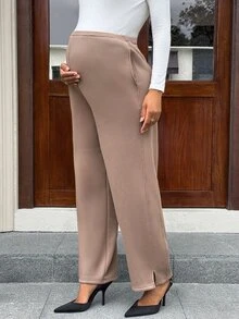 MaterniWear Maternity Solid Color Adjustable Waist Thermal Lined Casual Long Pants - Brown - View 4