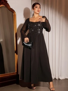 Cravure Plus Size Women Elegant Party Banquet Sequin Long Sleeve Dress - Black - View 1