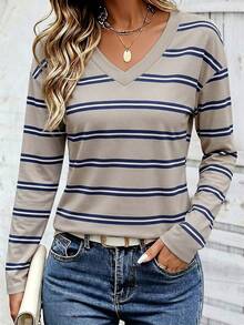 EMERY ROSE Women's V-Neck T-Shirt, Spring/Autumn Outdoor Top, Minimalist Striped Print Pattern, Pattern Design, High-End Feel, Casual Versatile, Daily Wear, Outdoor, Shopping, Travel Outdoor Outfit - Multicolor - View 1