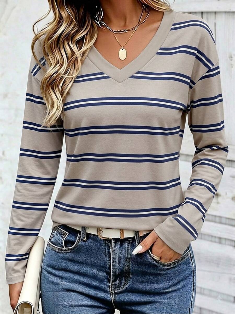 EMERY ROSE Women's V-Neck T-Shirt, Spring/Autumn Outdoor Top, Minimalist Striped Print Pattern, Pattern Design, High-End Feel, Casual Versatile, Daily Wear, Outdoor, Shopping, Travel Outdoor Outfit - Multicolor - View 1