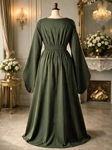 Rometta Plus Size Women's Colorblock Pleated Casual Party Dress - Army Green - View 2