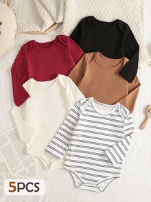 SHEIN Playful Pals 5件裝男嬰可愛連身衣，酒紅、黑、棕、白條紋，肩開襟長袖圓領，休閒基本款，適合假日、萬聖節、秋季穿著 - 彩色 - 查看 1