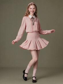Elnivra Women's Ruffle Button Sweet Blouse And Pleated Mini Skirt 2 Pieces Set - Pink - View 5