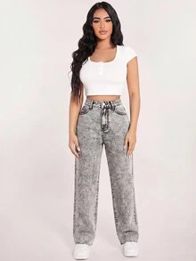 SHEIN PETITE 女款寬鬆寬腿休閒百搭牛仔褲，附口袋 - 灰色 - 查看 4