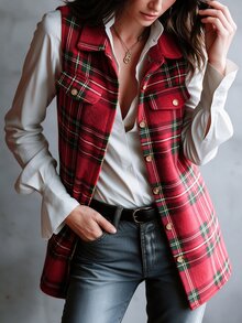 SHEIN 女款休閒學院風格紋翻領背心外套，紅色格紋，感恩節聖誕節適用，秋冬日常穿著、上學穿搭 - 紅色 - 查看 4