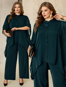 Roveilla طقم نسائي مقاس كبير بلون سادة للتنقل اليومي، توب بياقة صغيرة واقفة وأمام مفتوح وأكمام متطايرة وحافة غير متماثلة، مع بنطال طويل بخصر مطاطي، قطعتان - أخضر داكن - مشاهدة 1