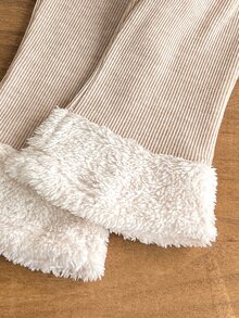 SHEIN 2pcs Toddler Girl Top + Pants Set Cute Sweet Beige Ribbed Knit Fuzzy Cuffs Long Sleeve Round Neck Thick Holiday Winter Fall Solid - Apricot - View 8