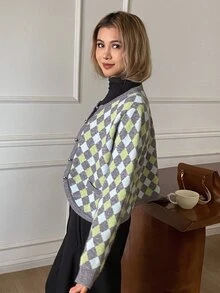 Livesso Áo cardigan nữ màu xanh cổ tròn cài nút dệt vặn thừng tay dài ôm dáng gân tăm, thu/đông - màu xanh lá - Xem 6