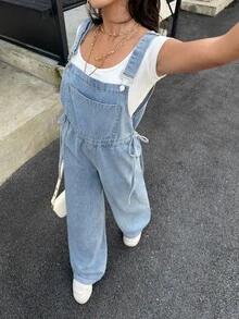 Rivivi Plus Size Women's Side Tie Waist Wide Leg Casual Denim Overalls With Washed Finish - Light Wash - View 8