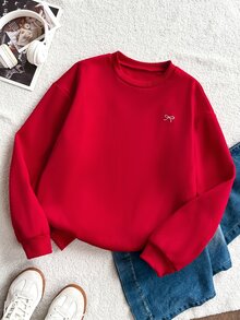SHEIN 青少年女孩蝴蝶結印花圓領長袖運動衫 - 酒紅色 - 查看 4