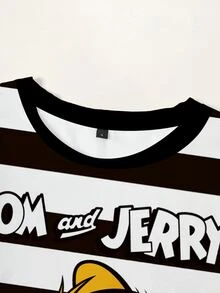 TOM & JERRY X SHEIN Women's Letter Striped Print Round Neck Short Sleeve Casual T-Shirt - White - View 4
