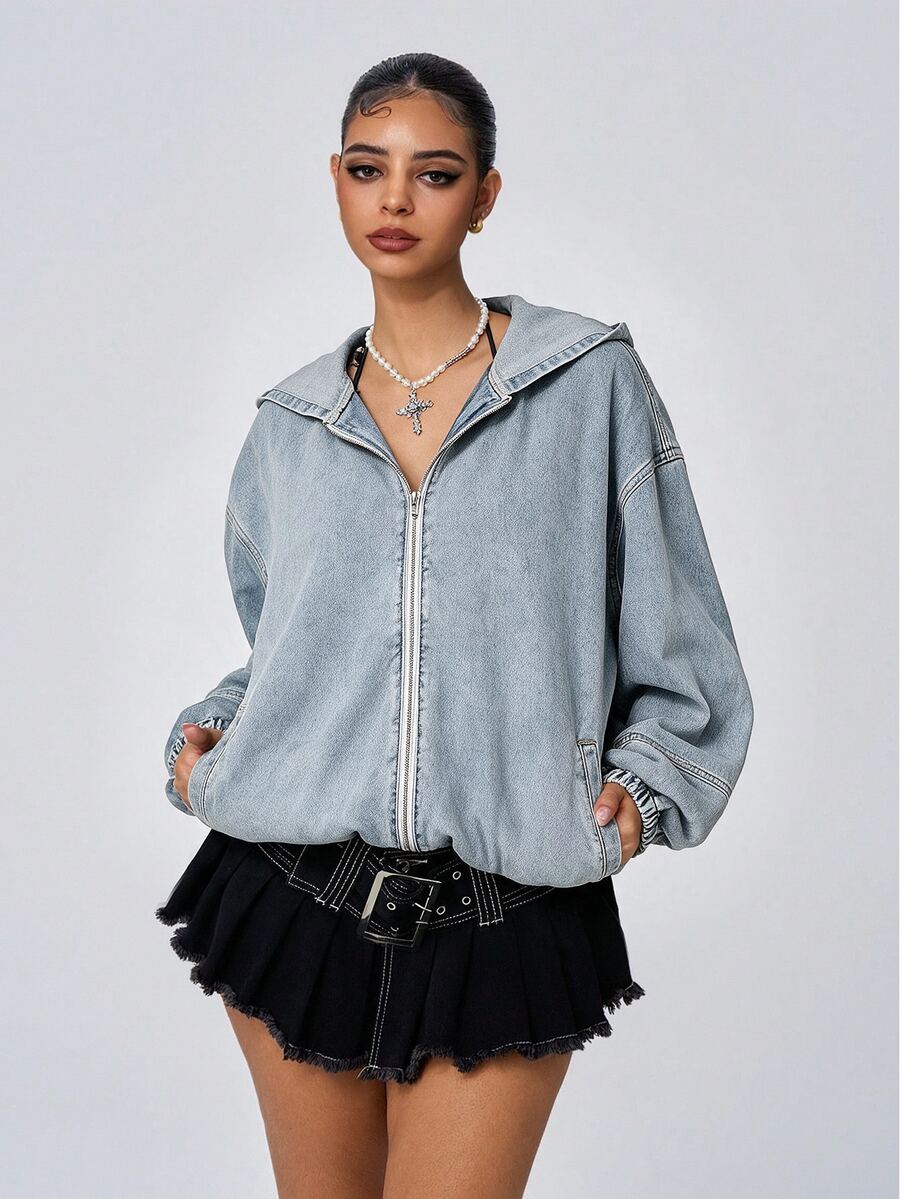 Jeanoix Women's Dropped Shoulder Long Sleeve Zip-Up Hooded Denim Jacket - Blue - View 1