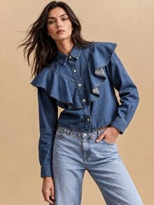 CielaLinda Women's Ruffle Denim Blouse, Denim Shirt Top, Feminine Ruffle Trim Top - Blue - View 6
