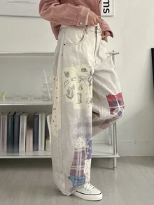 DAZY 女款韓式格紋漸層街頭風寬鬆百搭清新春夏牛仔牛仔褲 - 灰色 - 查看 3