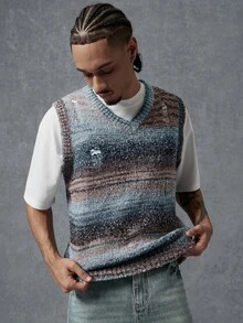 PAVTROS Men's Striped V-Neck Casual Versatile Knit Vest - Blue - View 4