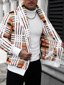 Manfinity CasualCool Men's Autumn/Winter Fashion Striped Colorblock Fleece Jacket - Khaki - View 4