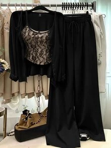 GlowEve CURVE Plus Size Knit Solid Color Cardigan With Front Button Closure, Striped Slim Fit Camisole With Drawstring Decor, Elegant Casual Commute Daily Outing Long Pants - Black - View 1