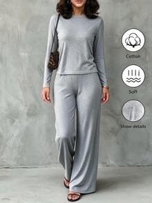 INAWLY Women's Fashion Minimalist Casual Solid Color Round Neck Long Sleeve T-Shirt And Pants Set - Light Grey - View 1