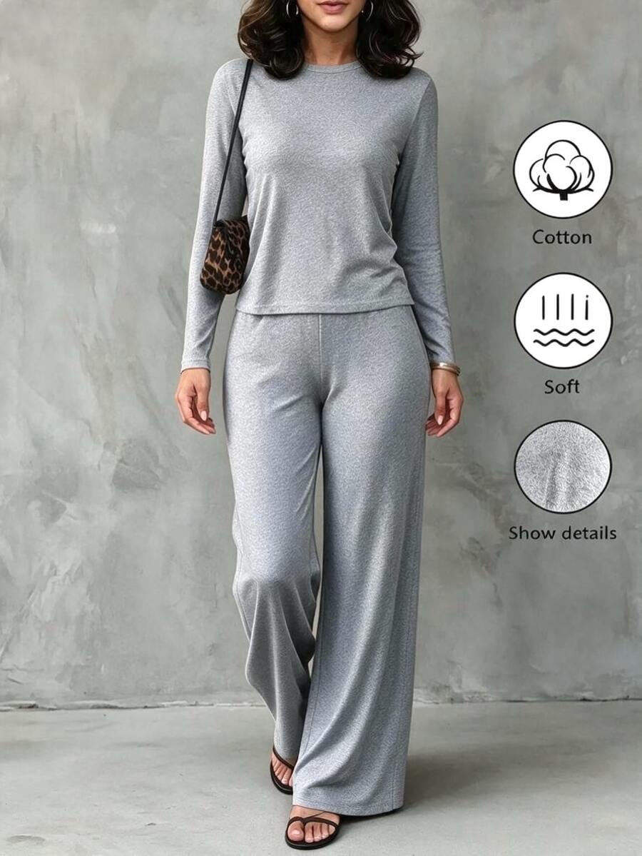 INAWLY Women's Fashion Minimalist Casual Solid Color Round Neck Long Sleeve T-Shirt And Pants Set - Light Grey - View 1