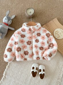 SHEIN 女嬰可愛百搭休閒毛絨碎花長袖冬季外套 - 杏色 - 查看 4