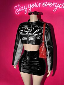 Slaydiva Women's Letter Print PU Leather Cropped Jacket - Light Grey - View 6