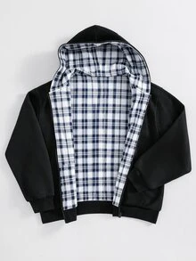 SHEIN 青少年男孩休閒格紋素色雙面可穿連帽秋季夾克，正反兩面皆可穿 - 黑色 - 查看 4