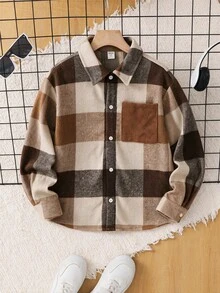 SHEIN 兒童青少年男孩休閒日常舒適格紋翻領寬鬆長袖梭織鈕扣襯衫 - 彩色 - 查看 1