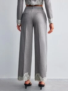 Willow Rêve Women's Gray Wool Blend Loose Straight Leg Pants With Lace Hem - Grey - View 2