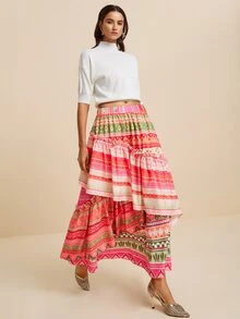 LOTSLUV Women's Autumn Elegant Commute Outfit, Colorful Striped Contrast Patchwork Multi-Layer Ruffle Hem, Silhouette Print Skirt - Multicolor - View 3