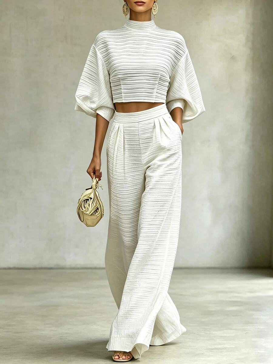 Linhara Plus Size Women White 2 Pieces Matching Set Textured Mock Neck Lantern Sleeve Cropped Top & High Waist Pleated Wide Leg Pants Daily Elegant Outfit - White - View 1