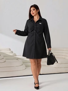 Solflare Plus Size Women's Collared Long Sleeve Black Mini Dress - Black - View 6