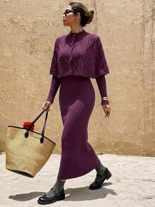 Livesso Women's Solid Color Minimalist Fashion Ribbed Knit Long Dress And Cape Cover Up Sweater 2 Pieces Set - Purple - View 1