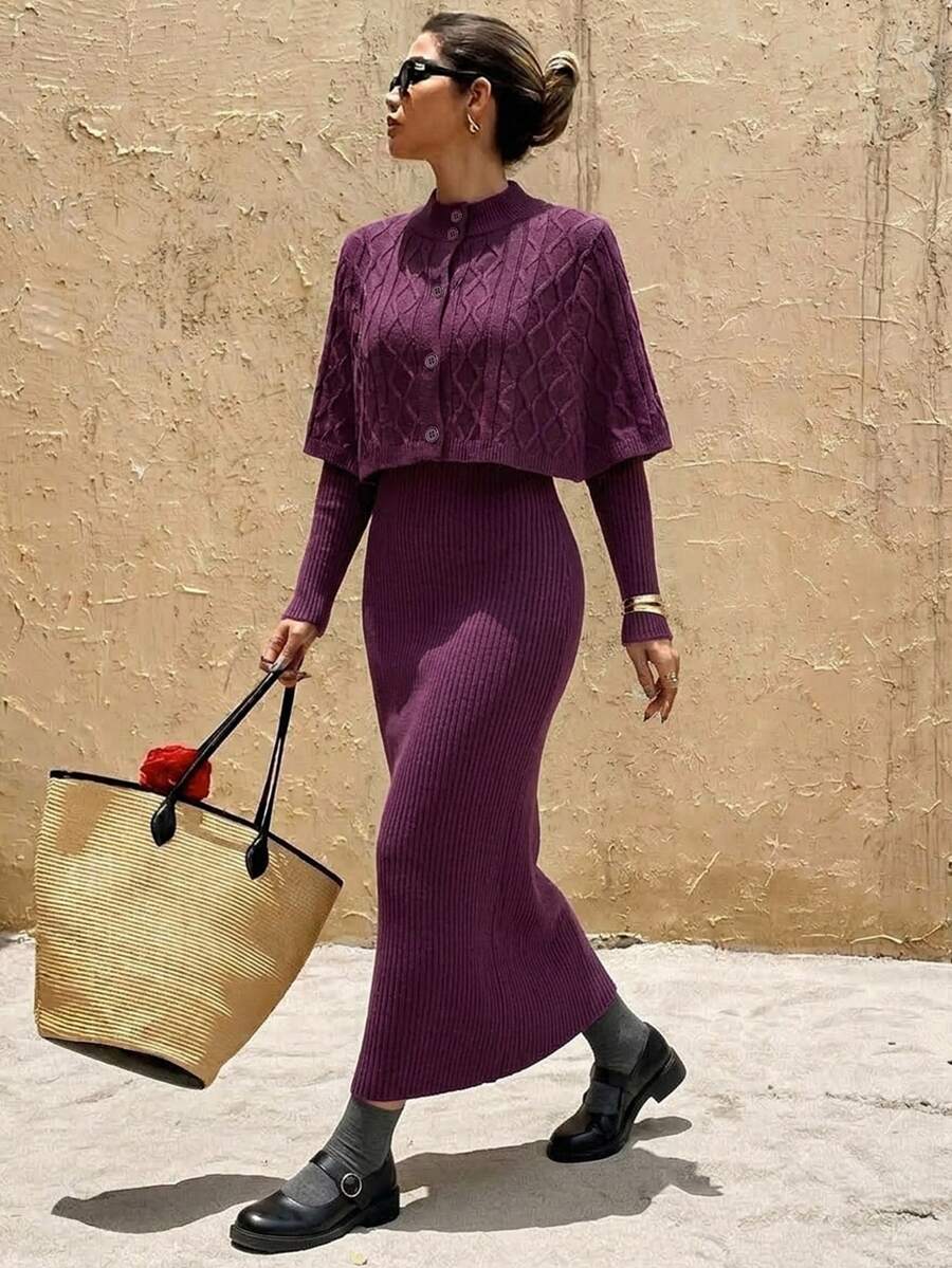 Livesso Women's Solid Color Minimalist Fashion Ribbed Knit Long Dress And Cape Cover Up Sweater 2 Pieces Set - Purple - View 1