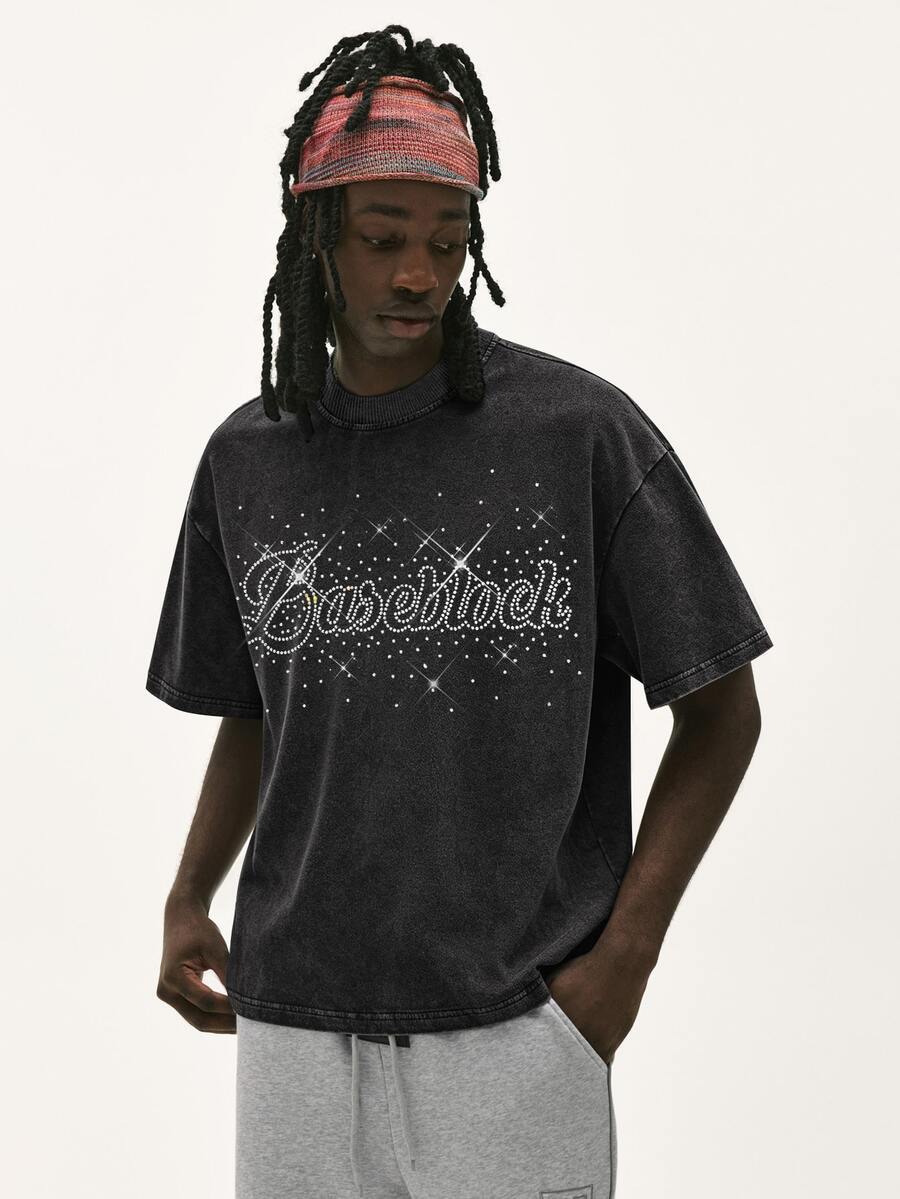 Baseblock Men's Washed Distressed Short Sleeve T-Shirt, English Rhinestone Print, Street Hip-Hop Style, Versatile For Daily Wear, Casual Outfit, Highlighting American Vintage Vibe - Black - View 1