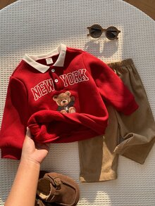 SHEIN 男女嬰幼兒 2件組秋冬保暖內裡加厚可愛泰迪熊圖案 Polo 領運動衫套裝，Polo 套裝，嬰兒冬季衣物，聖誕 - 酒紅色 - 查看 7