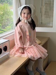 DAZY Young Girls Cartoon Print Tulle Layered Casual Fashion Creative Personalized Fresh Cute Dress - Pink - View 7
