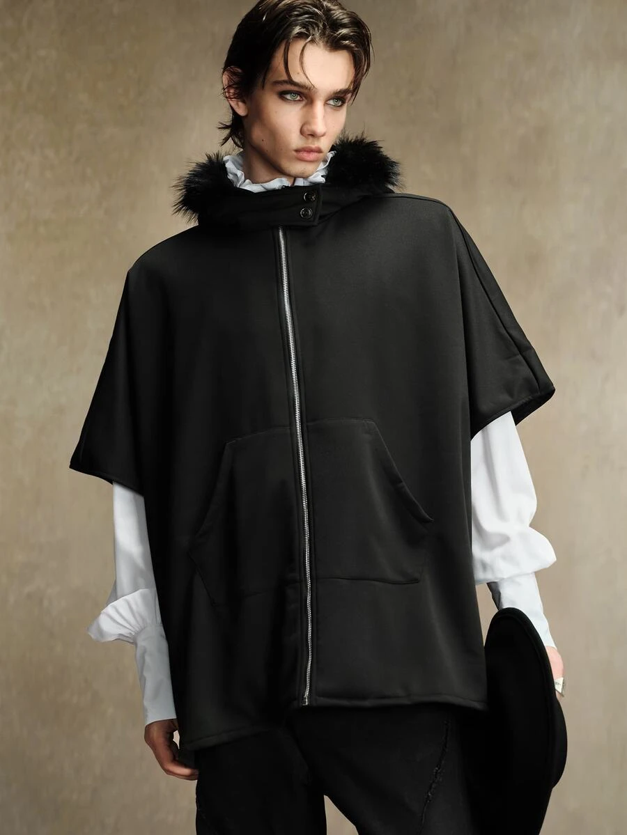 ROMWE MEN Men's Solid Color Zipper Front Pocket Patchwork Fur Hooded Cape Jacket - Black - View 1