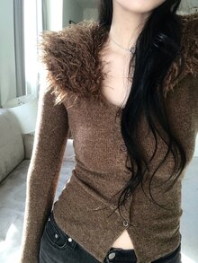 DAZY Women's Solid Color Fur Collar Patchwork Elegant Cardigan - Grey - View 1