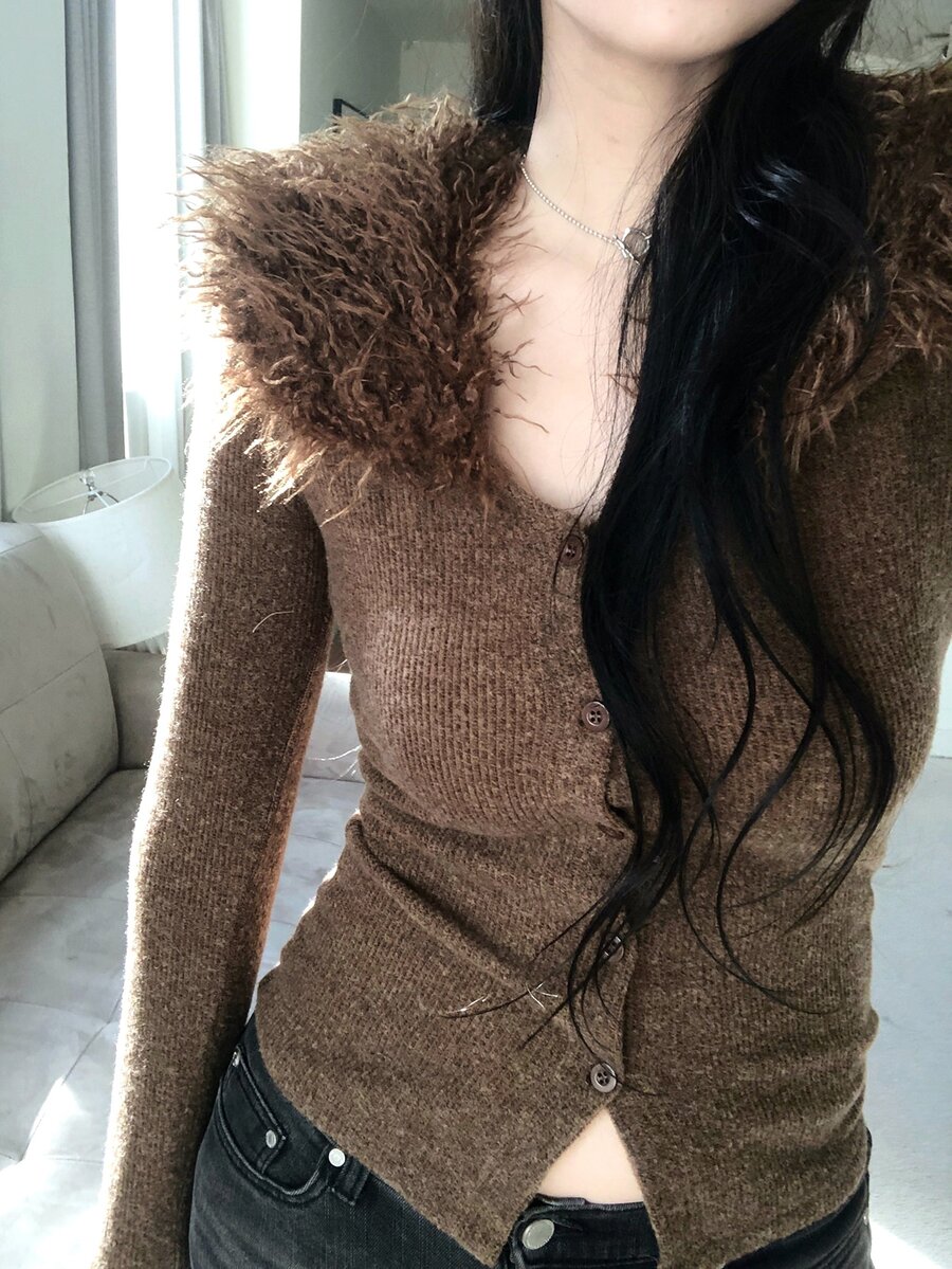 DAZY Women's Solid Color Fur Collar Patchwork Elegant Cardigan - Grey - View 1