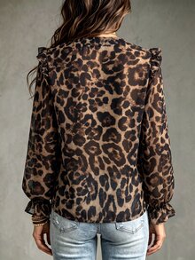 SHEIN Women's Fashion Leopard Print Ruffle Edge Tie Loose Ruffle Long Sleeve Early Autumn Vintage Blouse, Suitable For Daily Commute, Party, Date Wear - Brown - View 2
